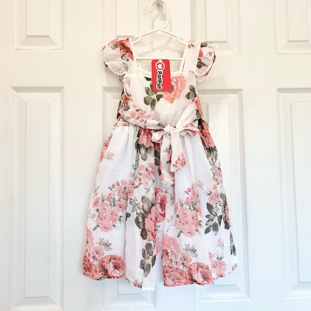 Girl Floral Print Square Neck Ruffled Bowknot Design Sleeveless Strap Dress